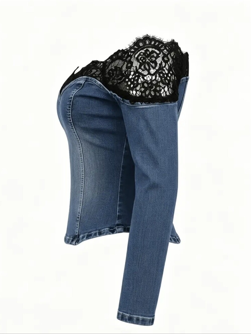 Women's Off Shoulder Eyelash Lace Trim Denim Long Sleeve Top, Sexy V Neck - Picture 6 of 6